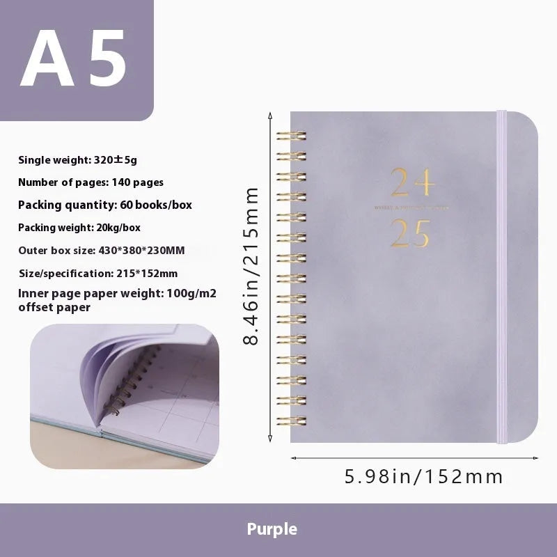 A5 leather notebook with metal coil binding in various colours including black, blue, and green.