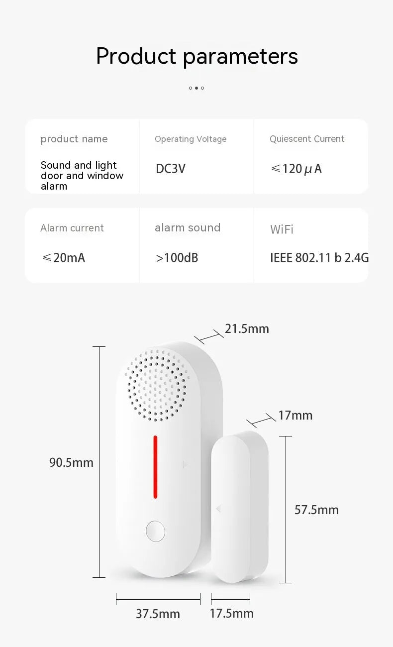 WiFi door magnetic sensor alarm unit with wireless connectivity for smart home security systems