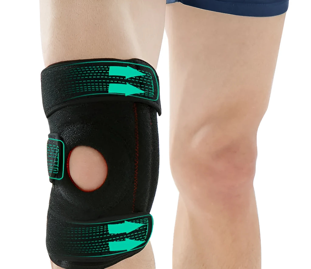 Neoprene non-slip knee pad for outdoor mountaineering, shown in black, green, or orange.