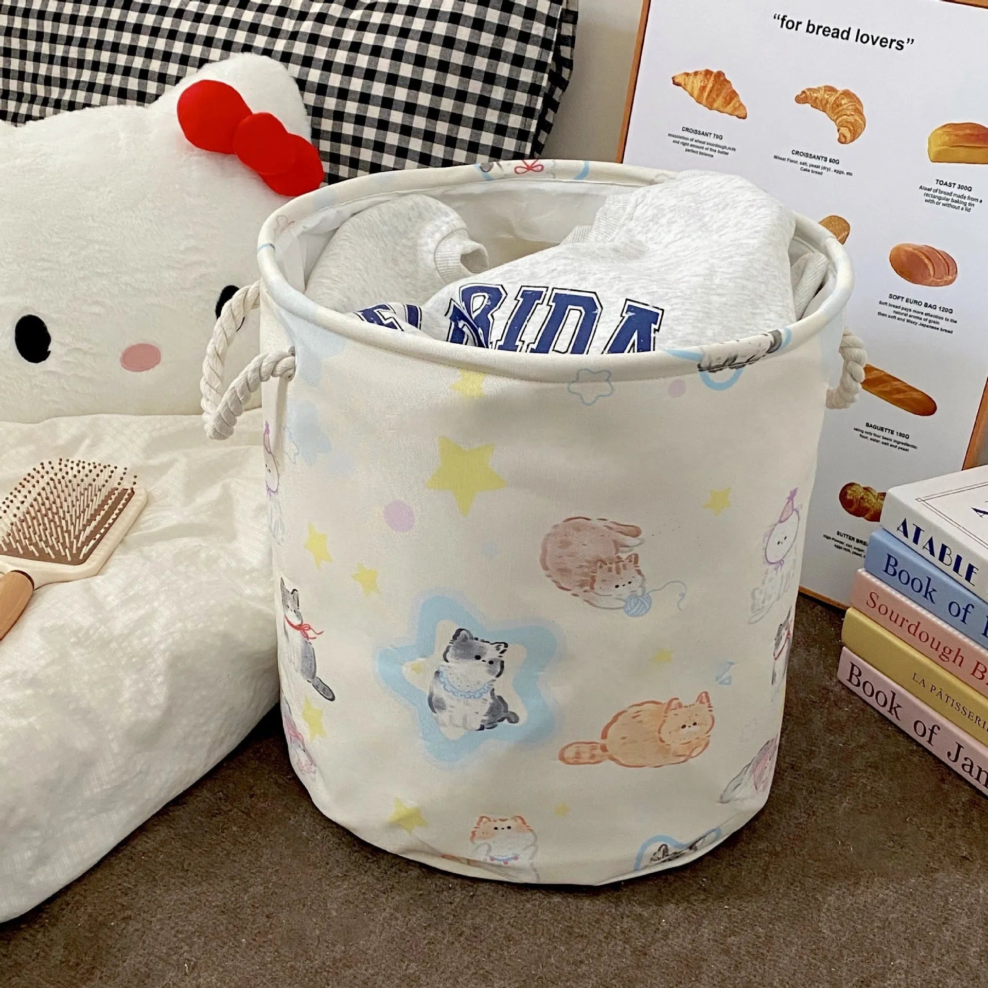 Foldable cotton cloth laundry basket with bear pattern design for bedroom storage