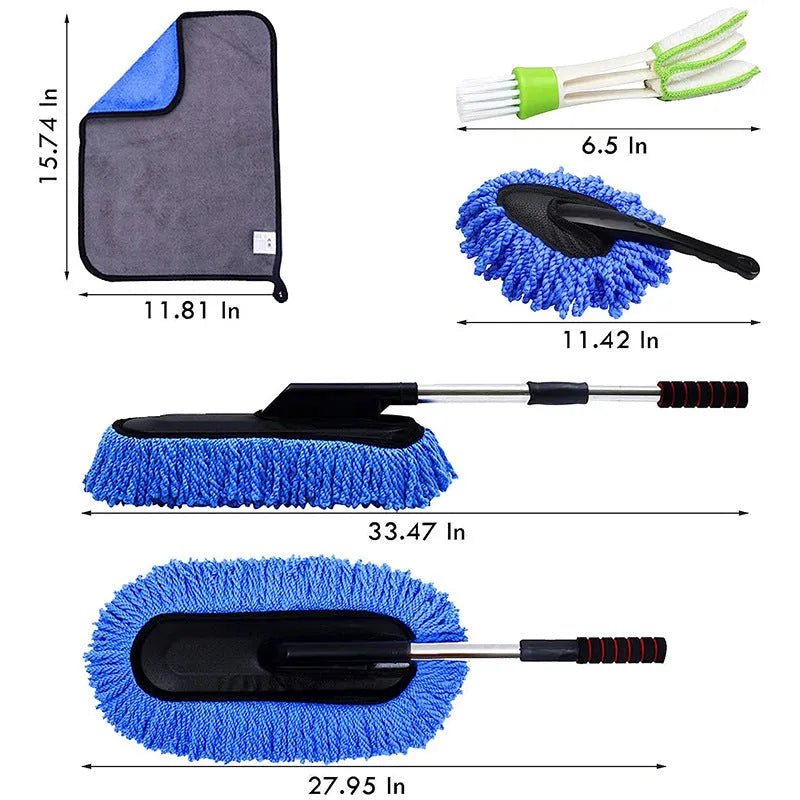 Car dust collector set with five microfiber dusting brushes and retractable handle for home and car use