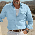 Man wearing a green loose-fit cotton linen long-sleeved summer casual shirt