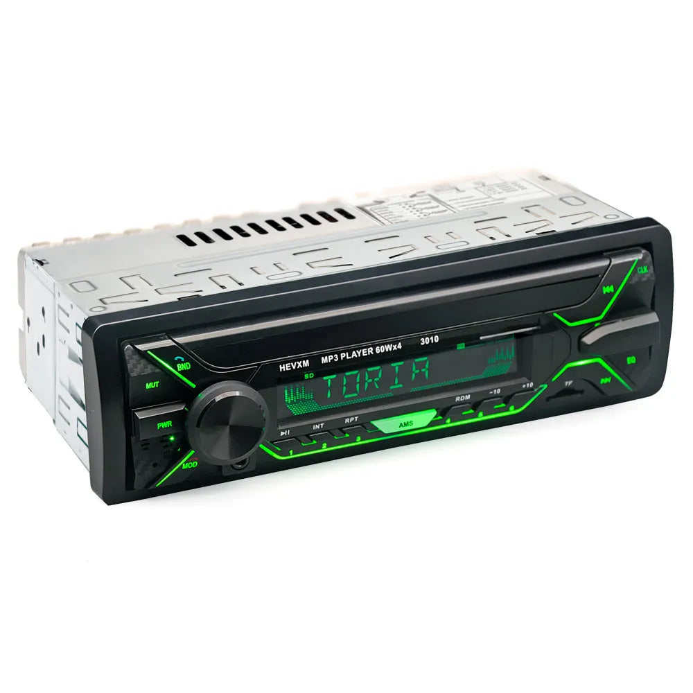 Front view of a black car stereo with LCD display, USB port, buttons, and rotary volume knob.