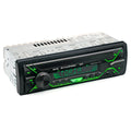 Front view of a black car stereo with LCD display, USB port, buttons, and rotary volume knob.