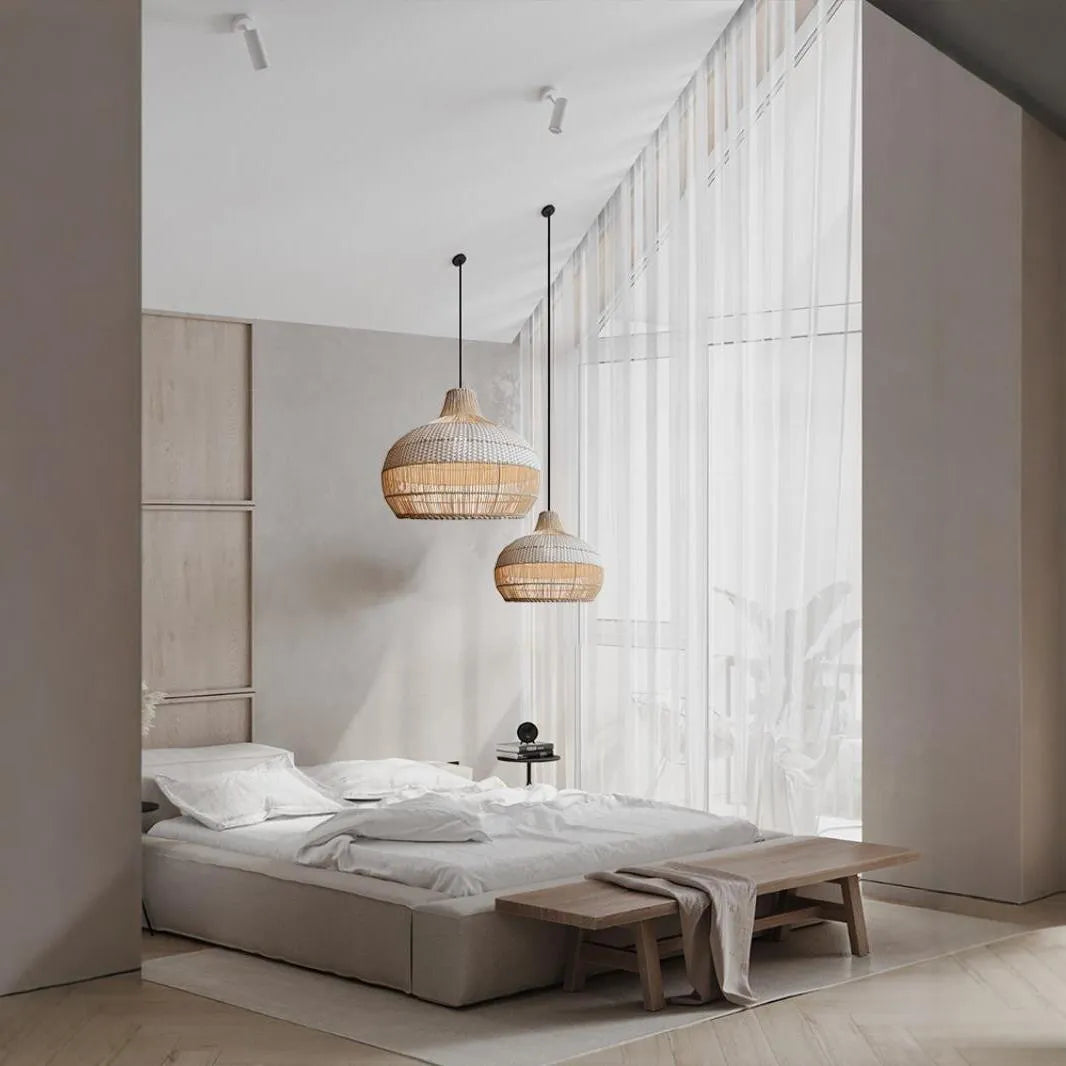Woven rattan ceiling chandelier with a 60cm diameter in a Silent Wind style.