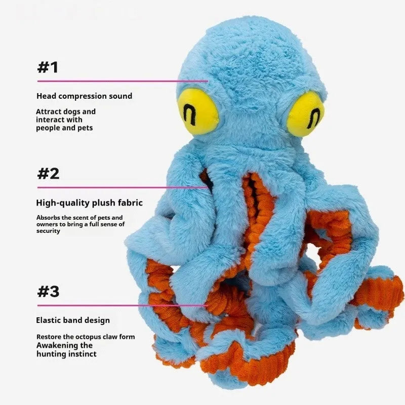 Plush octopus interactive dog pull toy for medium to large dogs, available in blue or orange, with pull-cord design for tug play.