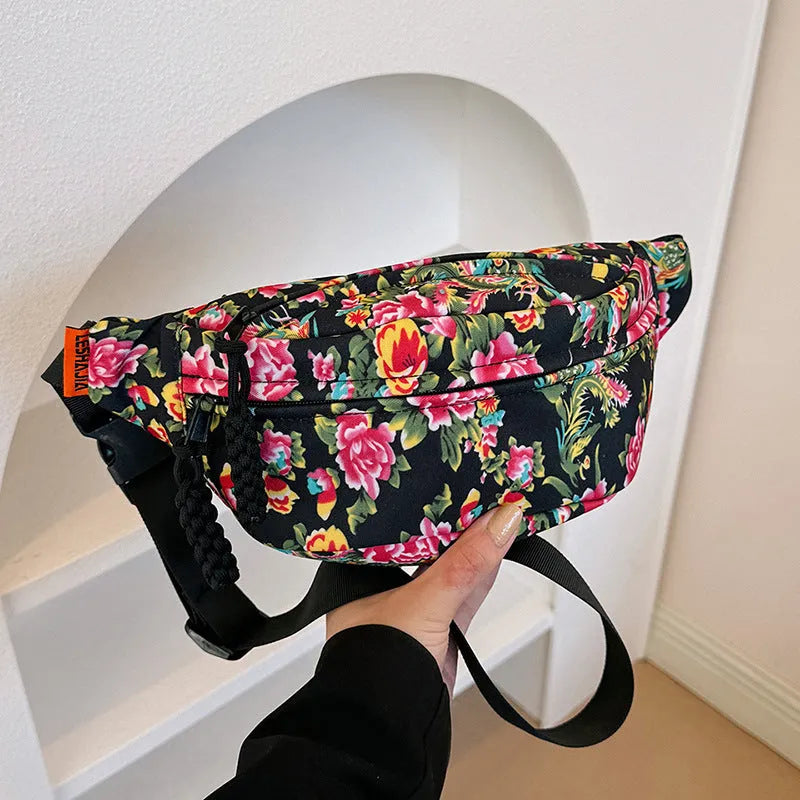 Women's western style waist bag with floral embroidery in black, red, green or blue colours