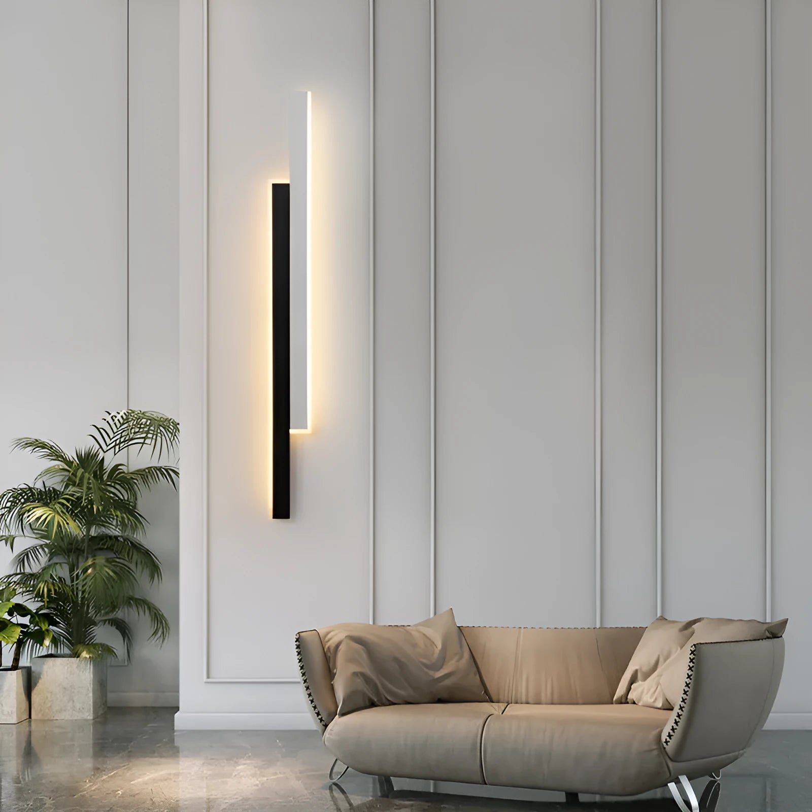 Black and white grid-free strip wall lamp with acrylic shade and three-colour LED lighting