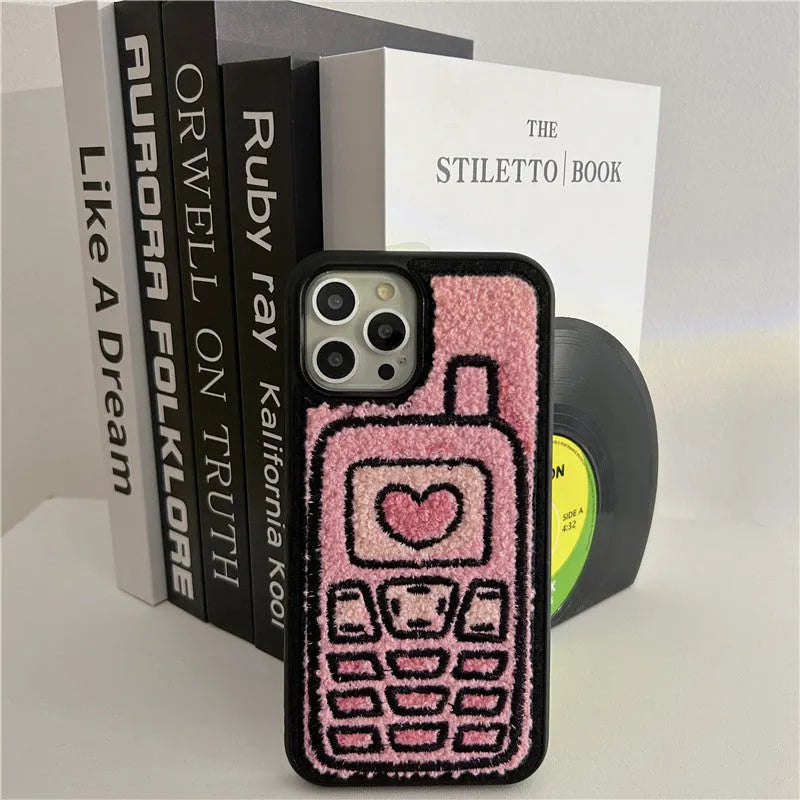Pink towel embroidered TPU back cover case for iPhone models X through 15.
