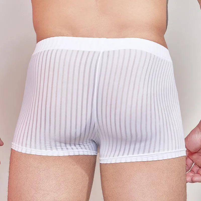 Men's thin striped underwear in black, dark gray, or white colours, showing lightweight nylon fabric.