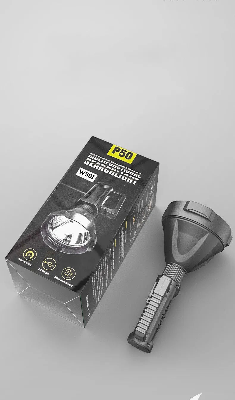 Camping rechargeable LED searchlight 25W 6600mAh ABS black W591 P70 on woodland floor