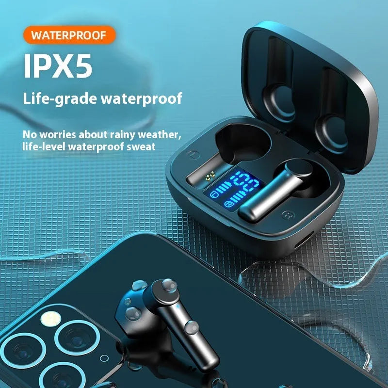 Wireless Bluetooth sports earbuds with digital display charging case in black colour