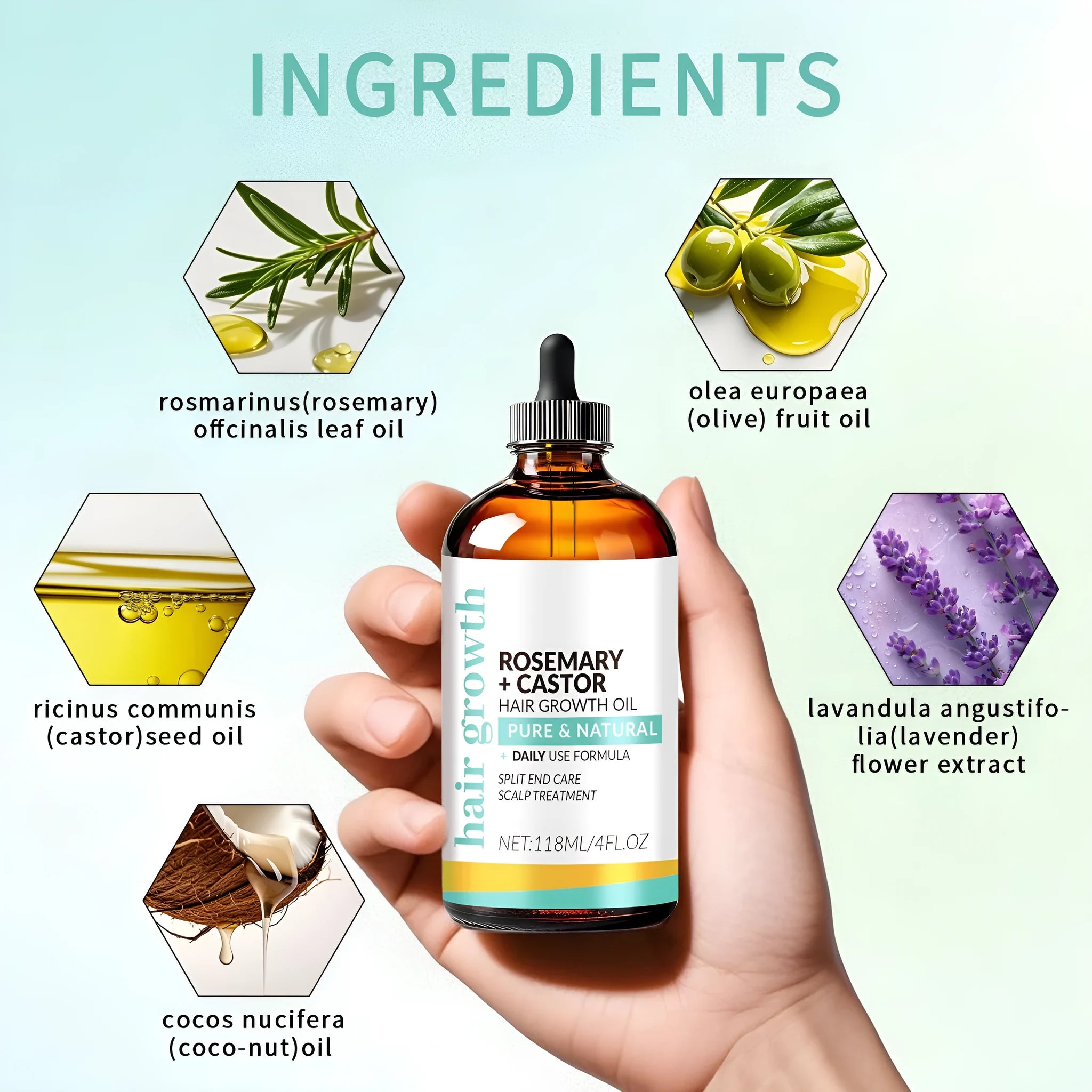 118ml bottle of bright yellow hair treatment oil with a massage brush for strong hair care.