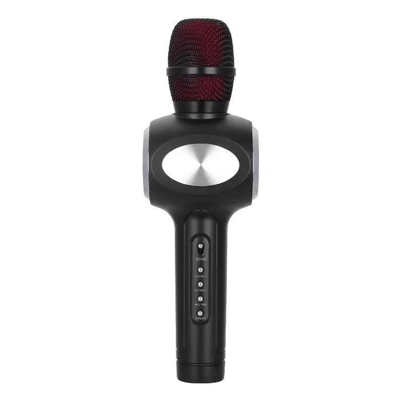 Yaerjia E108 black mobile karaoke microphone with built-in speaker grill and controls.
