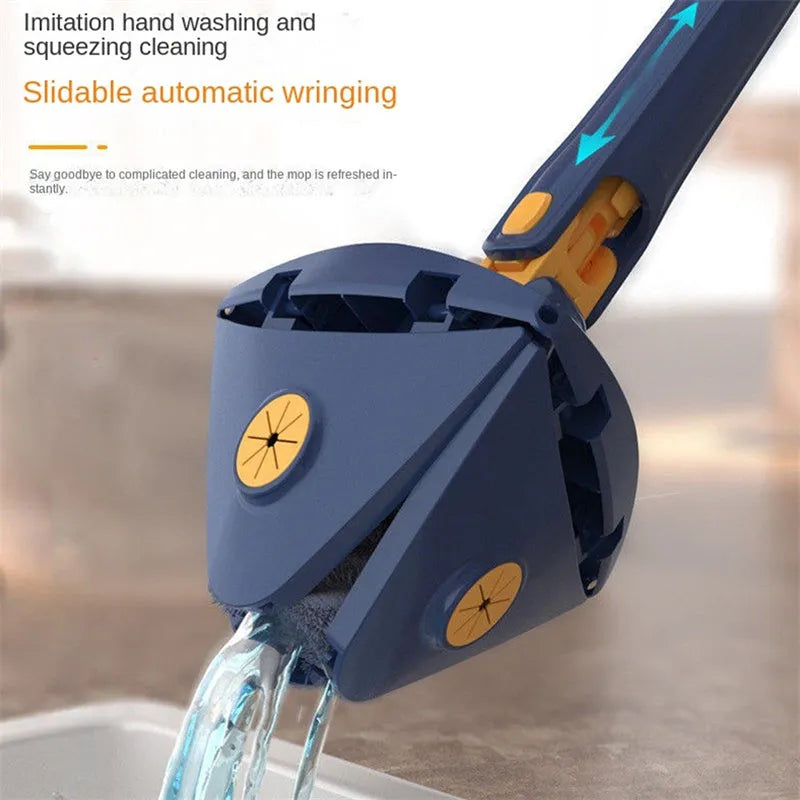 Blue extendable triangle mop with 360 rotating head and microfibre cloth for cleaning floors and walls