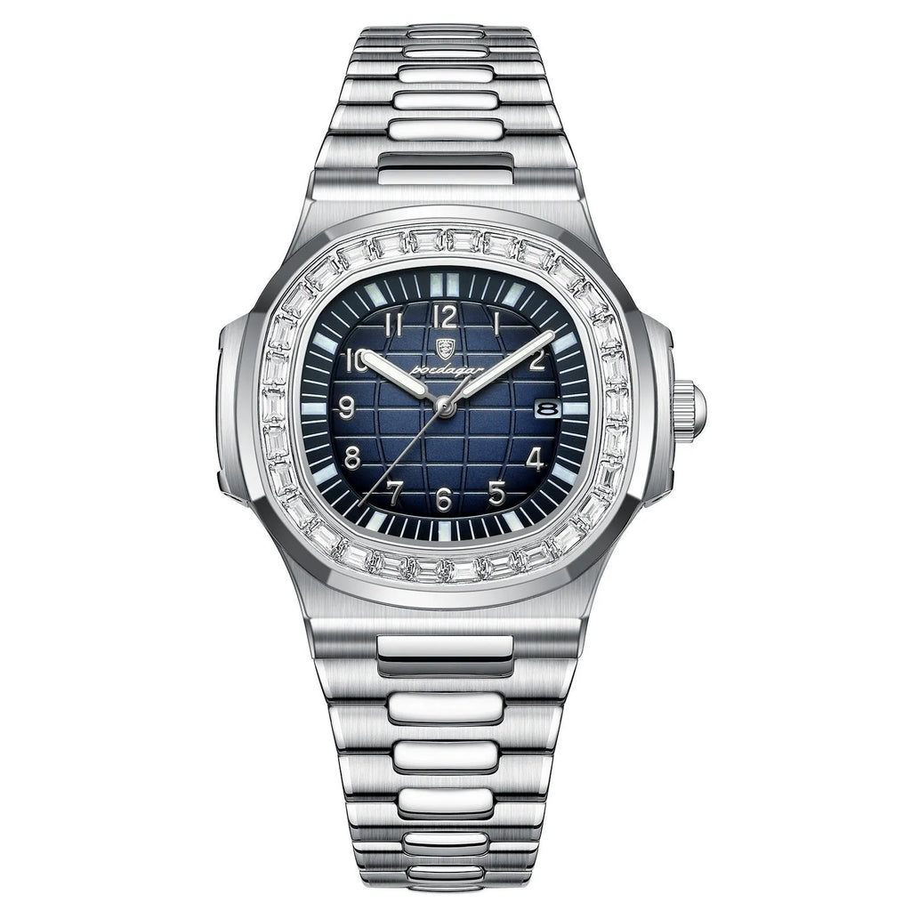 Men's quartz watch with 41.5mm dial, stainless steel strap, alloy case, and luminous waterproof design