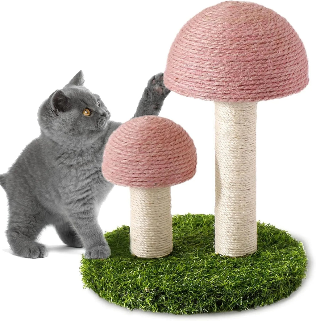 Pink mushroom-shaped cat scratching post with natural sisal covering for small cats