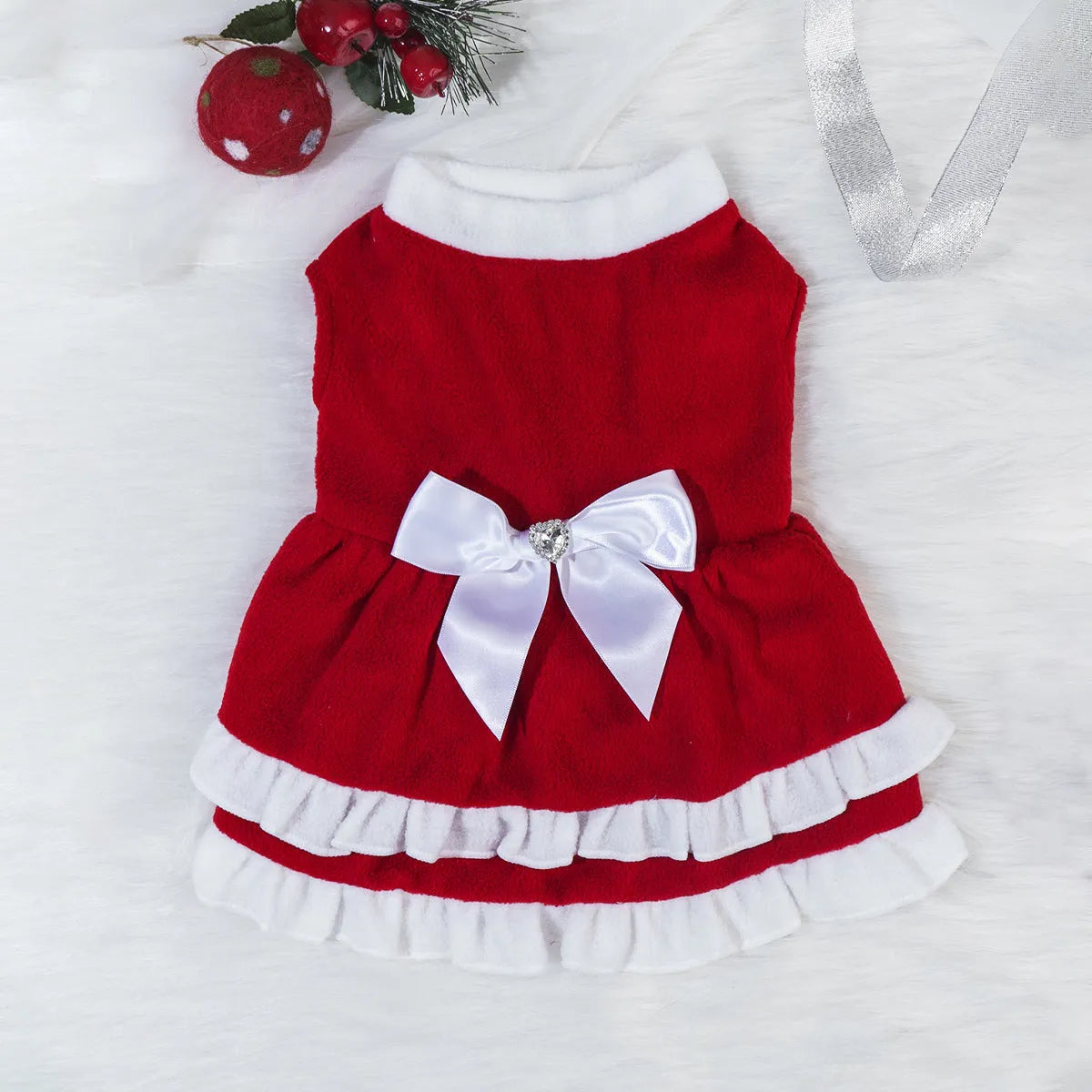Red fleece pet Christmas princess dress with bow, available in sizes XS to XXL