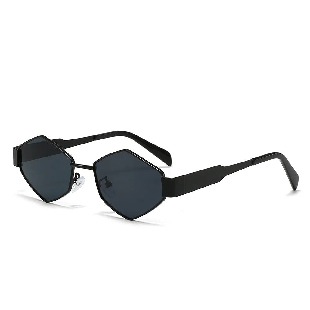 Polygon rhombus metal sunglasses with hexagon square frame in black, gold, or silver with coloured lenses