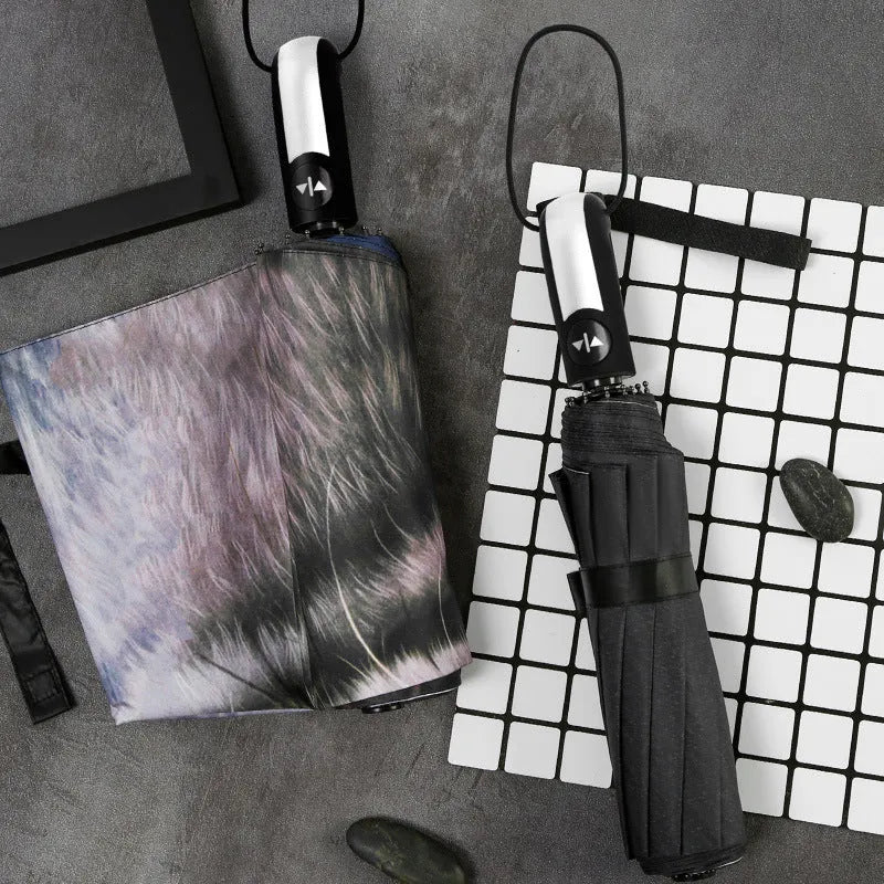 Tri-fold folding umbrella showing eccentric gesture pattern with iron frame and plastic handle