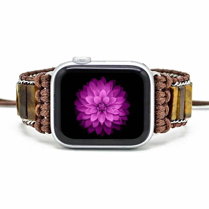 Men's rectangular tiger eye stone on a metal chain, attached to a brown adjustable textile watch strap.