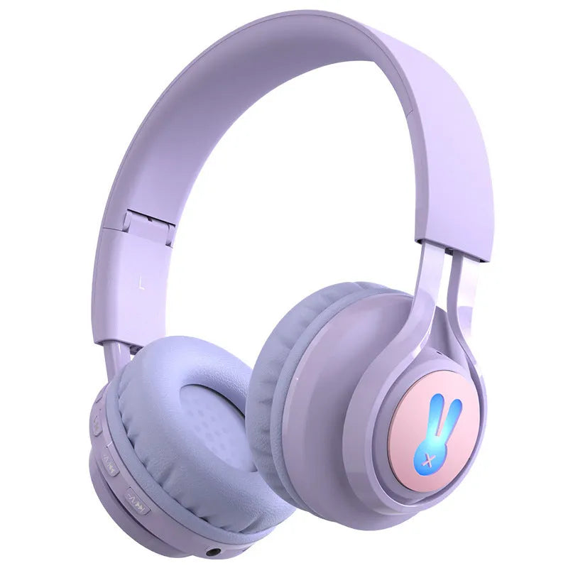 Children's wireless headphones with RGB lights and bunny design in pink and purple colours