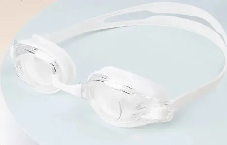 Adult swimming goggles with myopia correction lenses and a hard protective storage case.