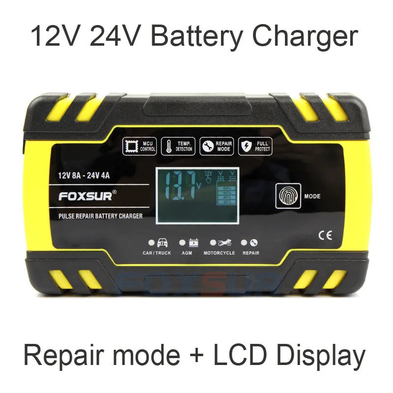 12V 24V battery charger with screen display for motorcycle and truck batteries