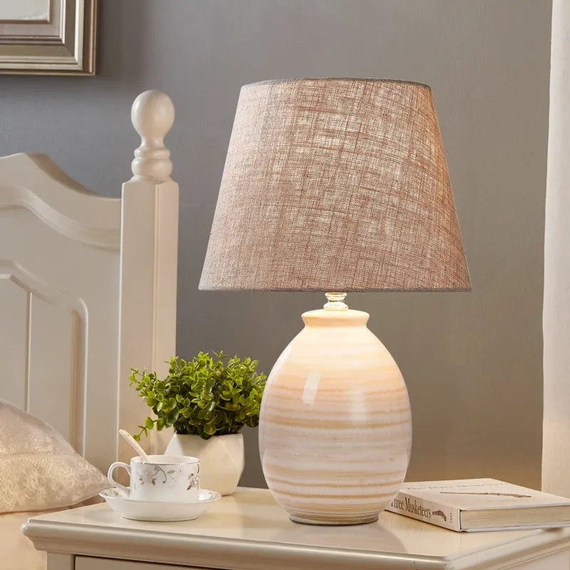 Chinese modern minimalist ceramic table lamp in beige or white for bedroom bedside or desk use