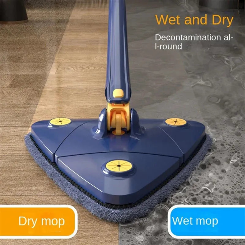 Blue extendable triangle mop with 360 rotating head and microfibre cloth for cleaning floors and walls