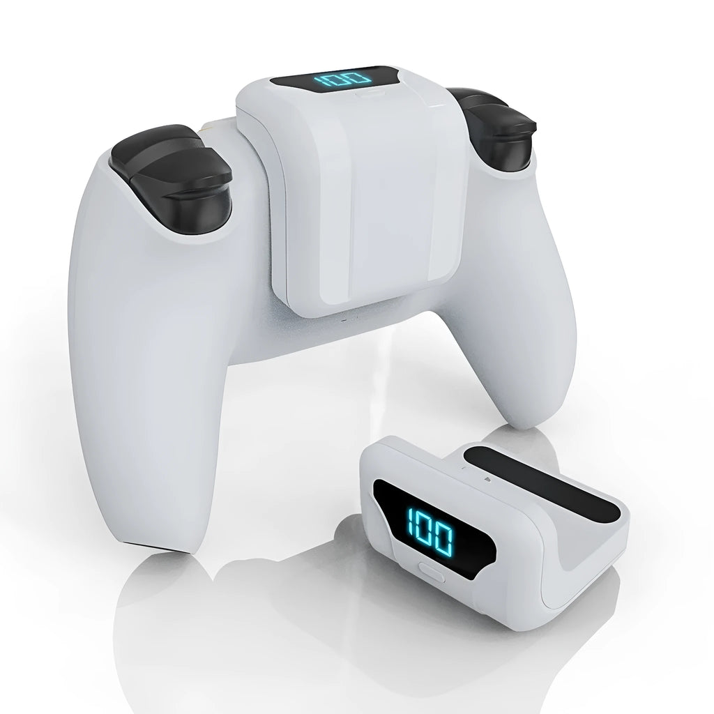 White PS5 handle back battery pack with LED display attached to a gamepad
