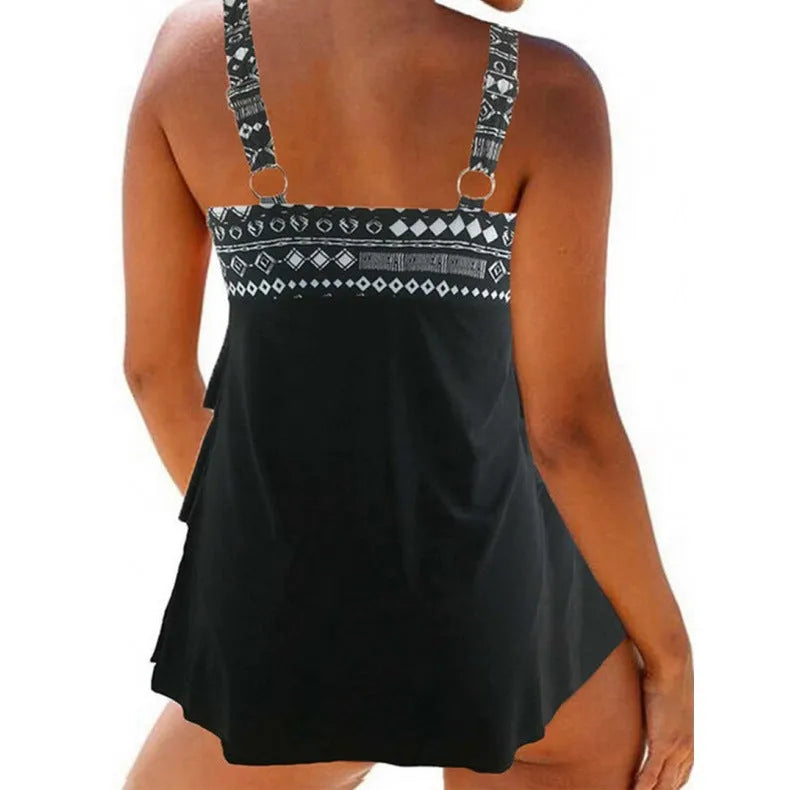 Plus-size women's swimsuit with double shoulder straps and split bow design in picture colour
