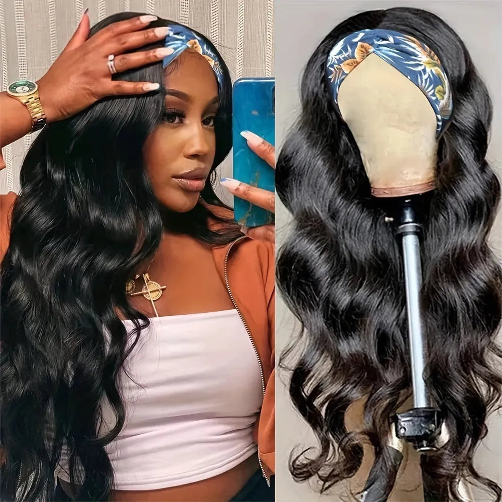 Headband wig in black straight, black curly, and wine red high temperature fibre options