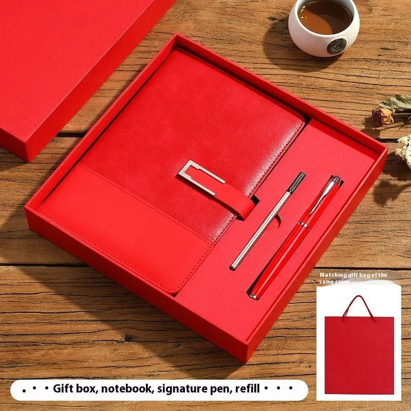 A5 leather notebook in choice of colours with gift box, open to show wood-free paper.