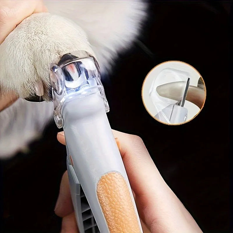 Yellow LED pet nail trimmer with magnifying glass catcher and light-up cutting head