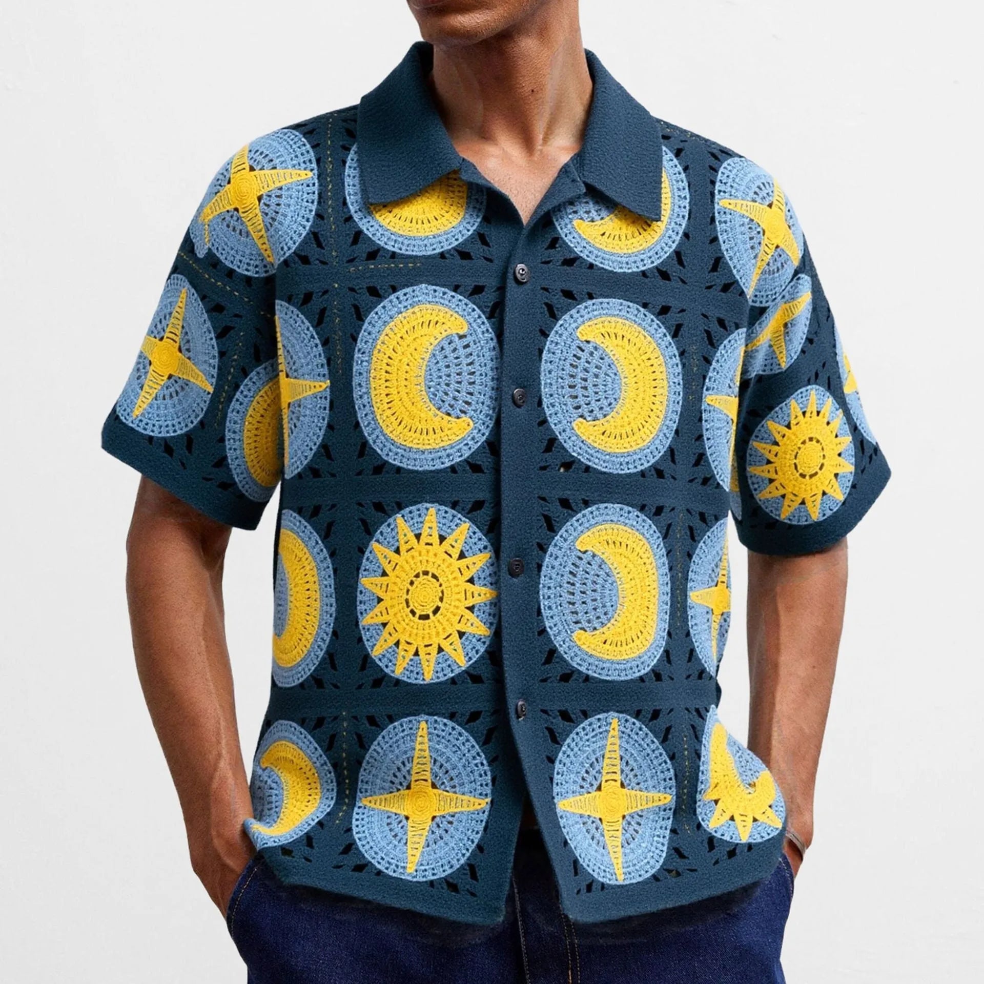 Navy blue men's short-sleeve cardigan sweater with cartoon flocking pattern