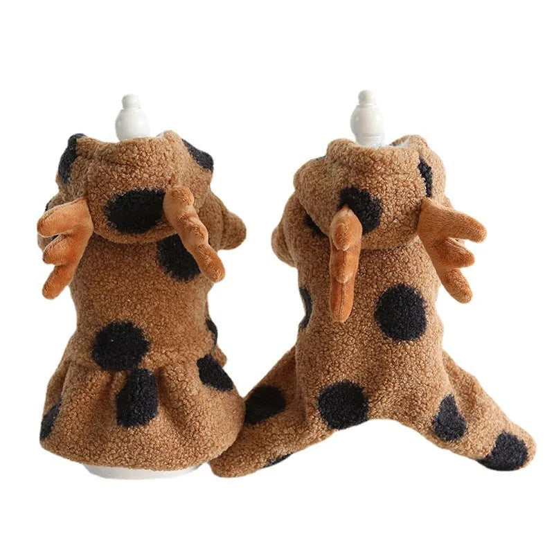 Polka dot pattern pet clothing showing skirt dress and four-legged jumpsuit styles for cats and dogs