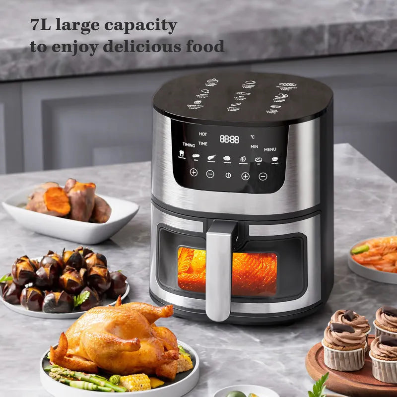Stainless steel smart visual air fryer with 8L capacity and transparent window on a kitchen counter