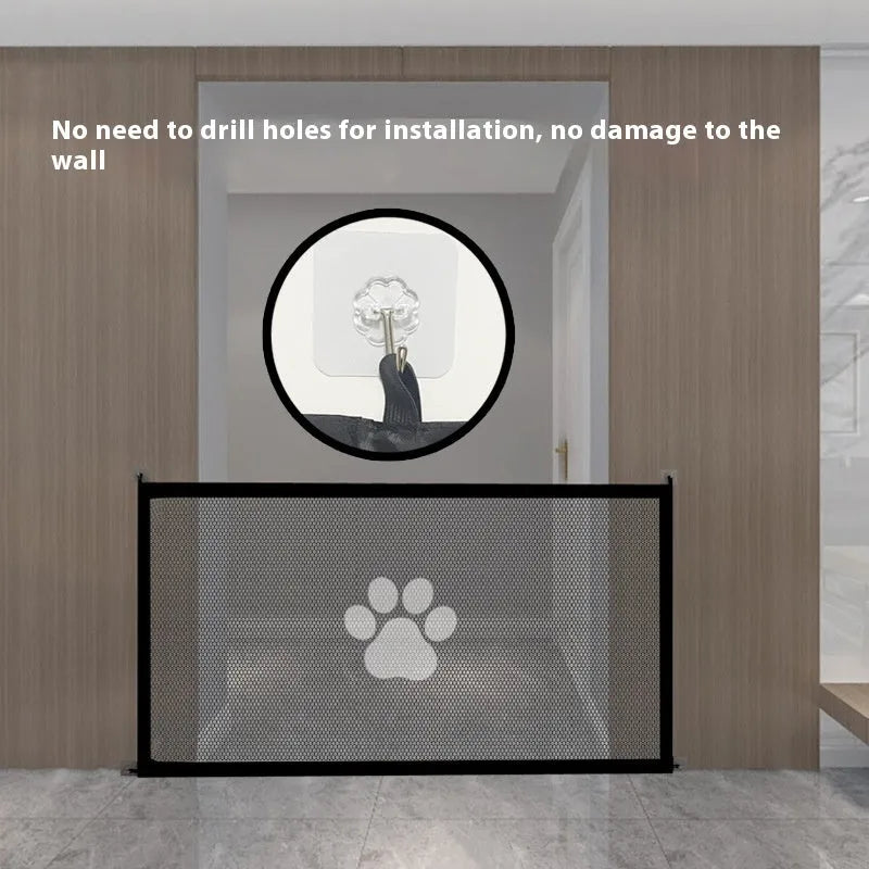 Folding dog barrier safety net fence with pet doorsill design in black or white dog footprint patterns