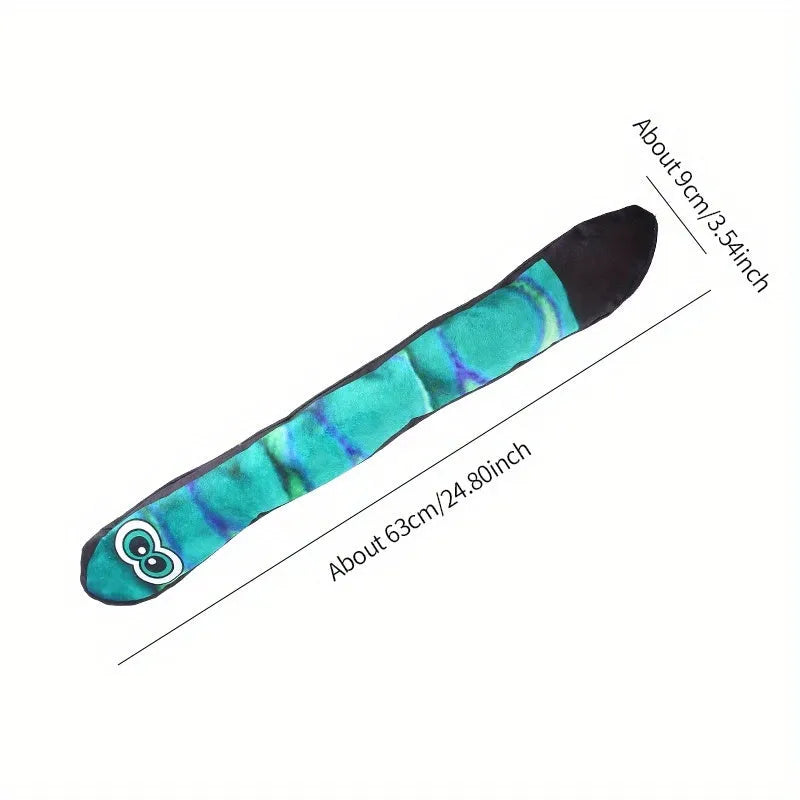 Snake-shaped plush dog squeaky toy with blue and green stripe prints