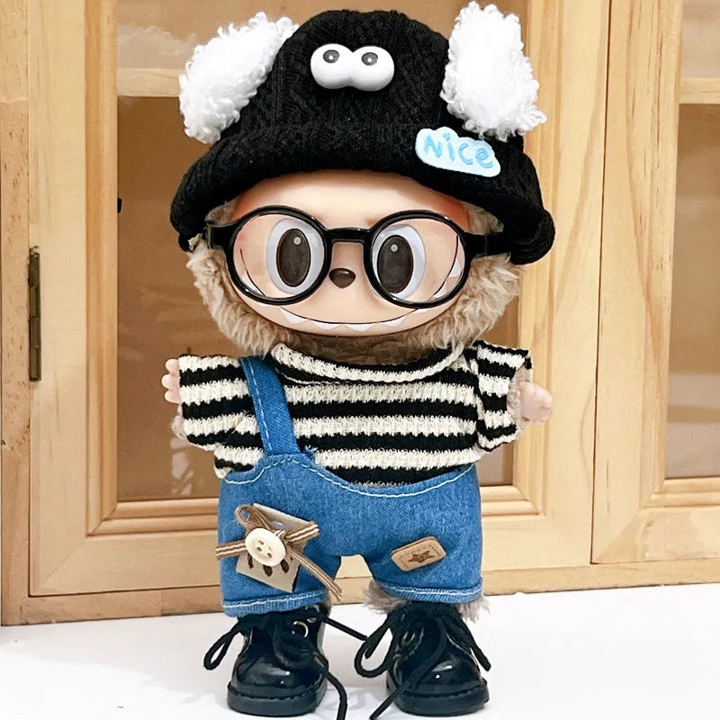 Labubu doll wearing striped puppy suit with denim suspender pants in polyester fabric