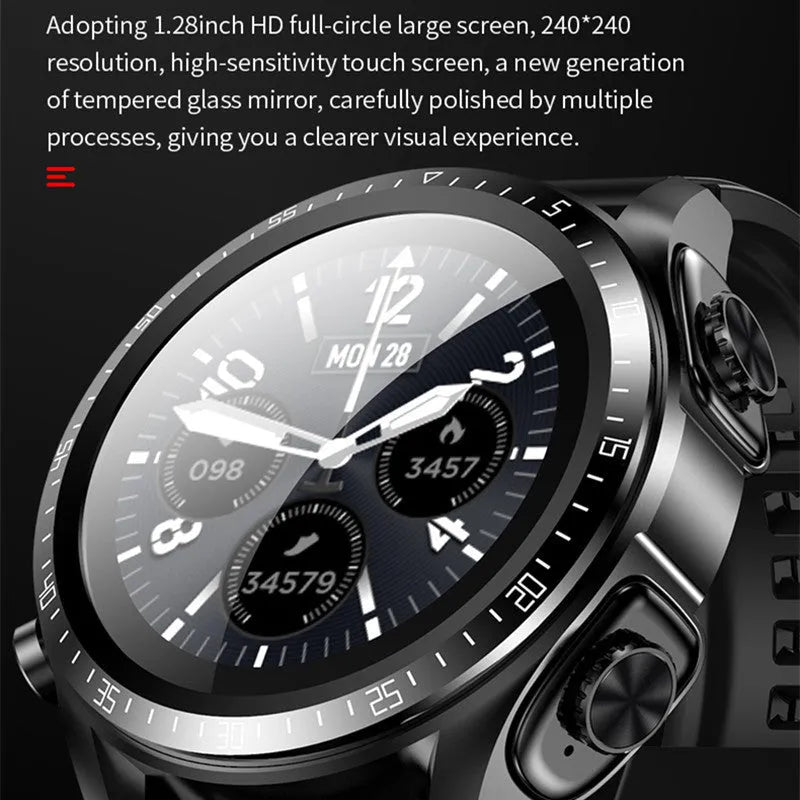 Round black smart watch with stainless steel case, Bluetooth call and heart rate monitoring features on a plain background.