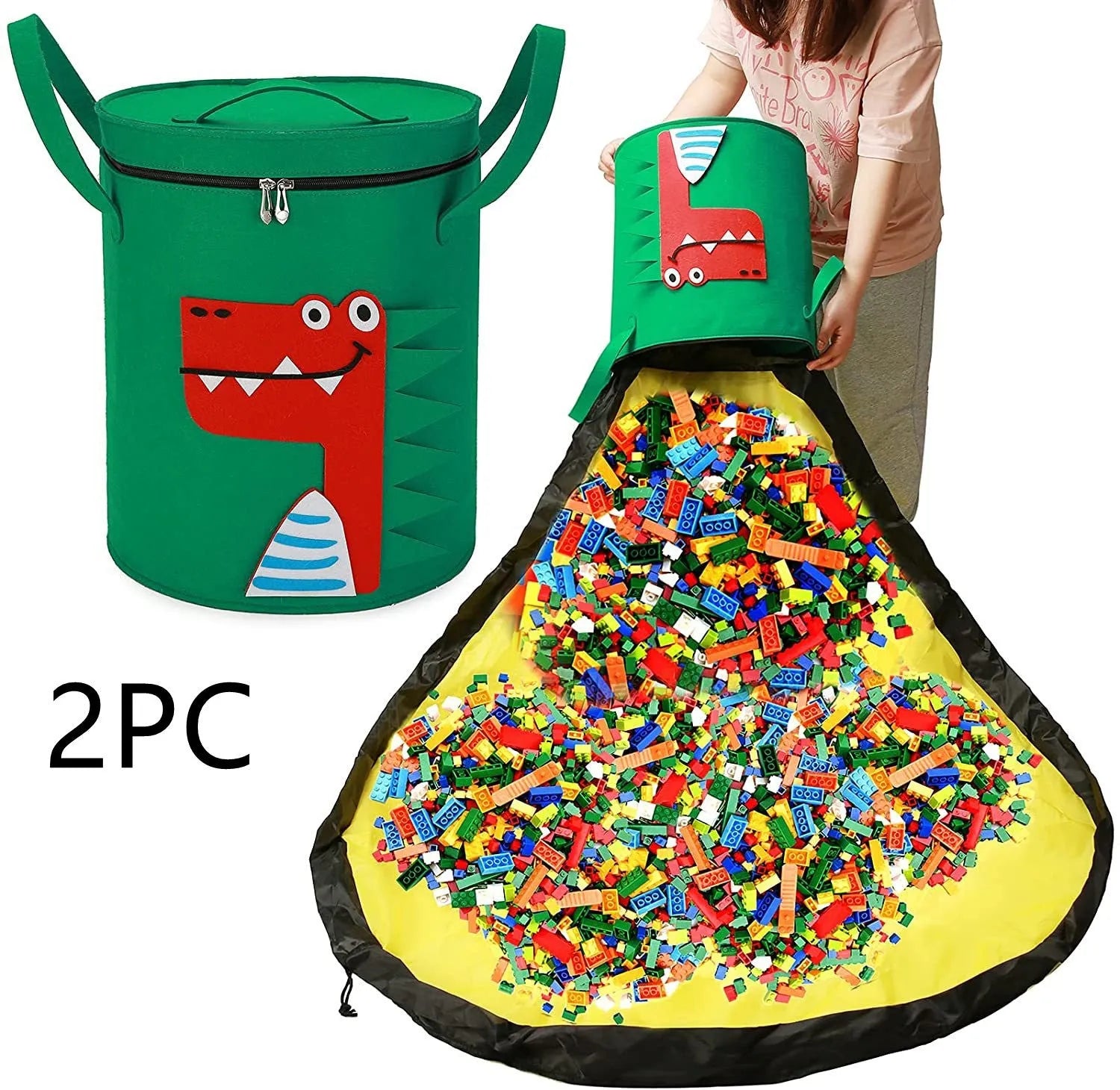 Green felt storage bag with pull rope that converts to toy play mat