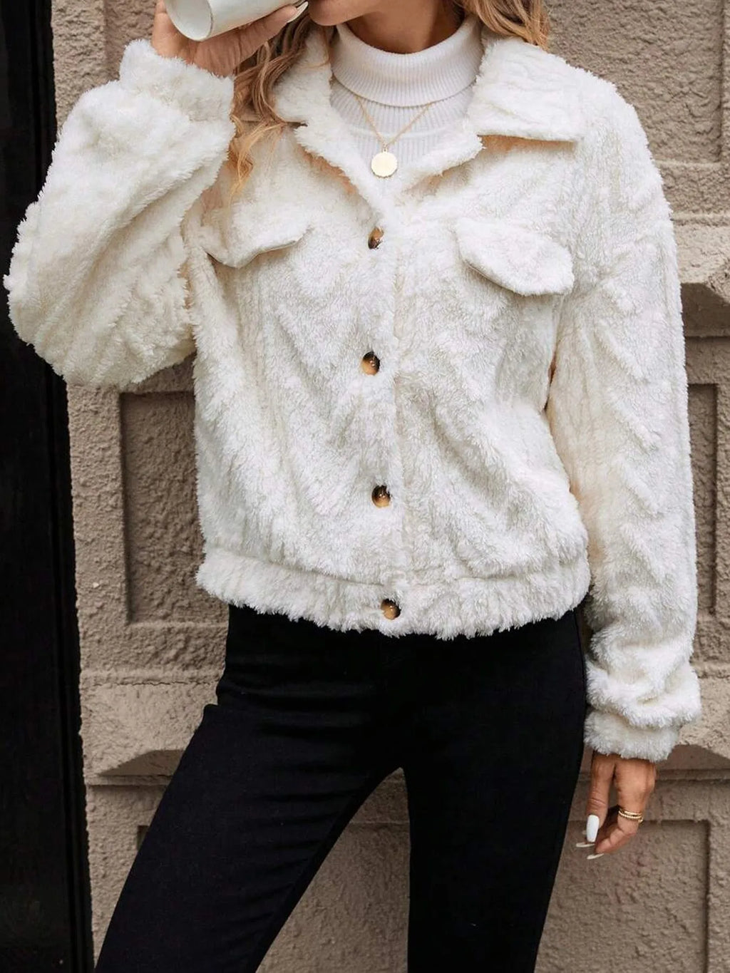 Women's ivory white double-sided plush cardigan top coat with button front