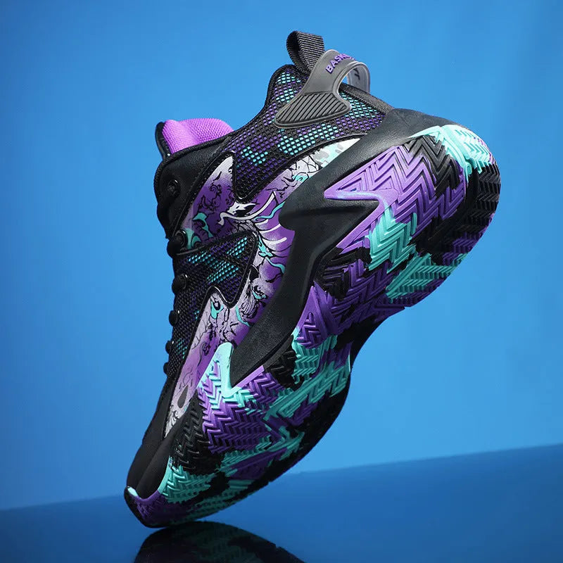 Men's high top basketball shoes in graffiti colour blocking with breathable upper and non-slip rubber outsole