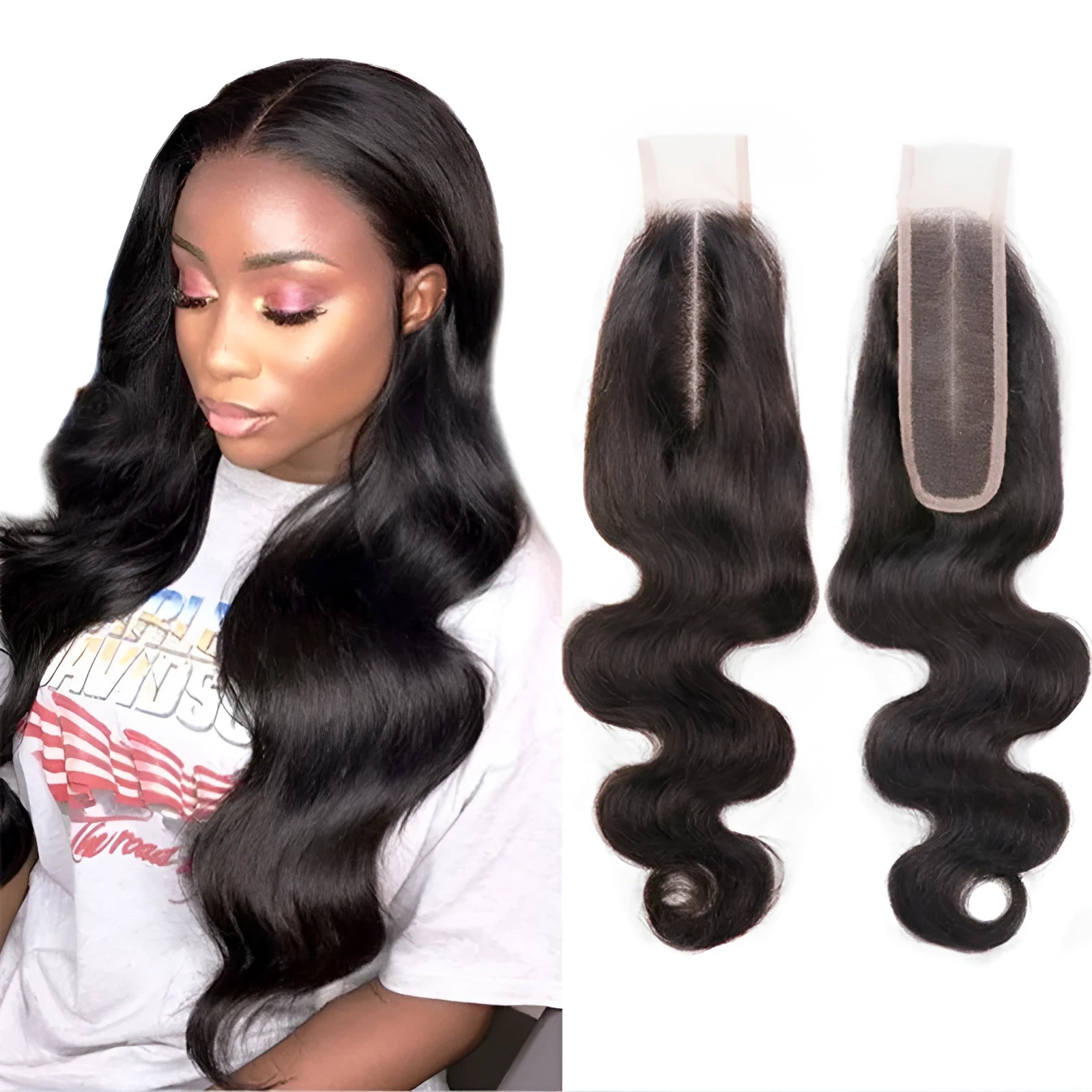 Natural colour straight human hair wig for women on a stand, showing lace front and long length.