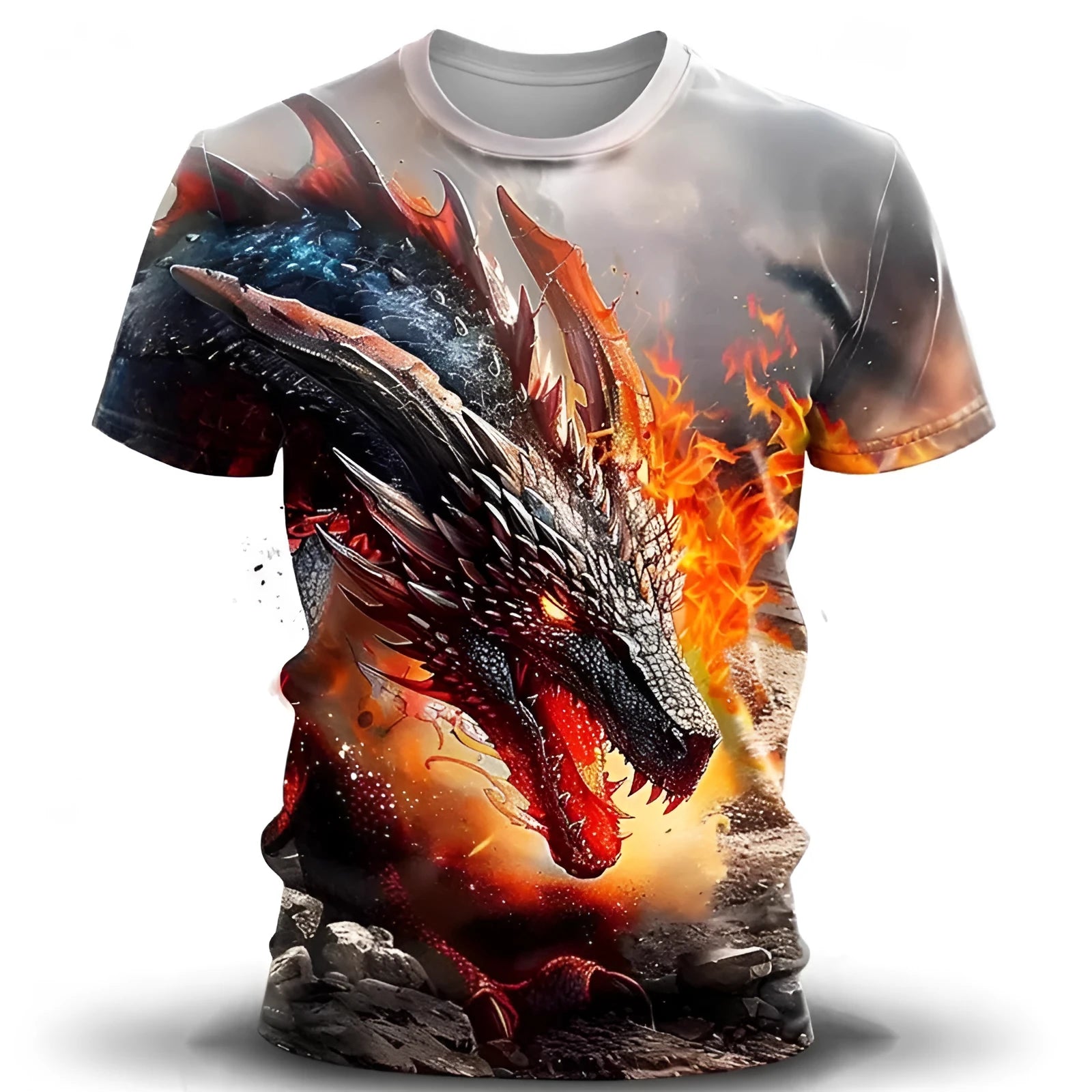 Men's grey T-shirt with a large, detailed 3D blue and white wind dragon print on the chest.