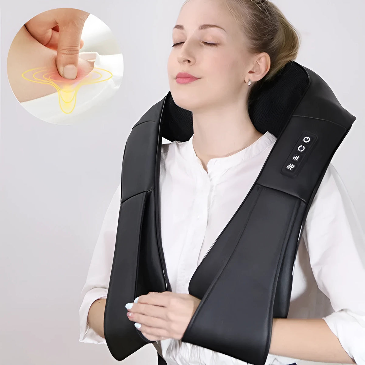 Electric neck and shoulder massager with 16 massage heads, hot compress, and infrared physiotherapy in off-white colour