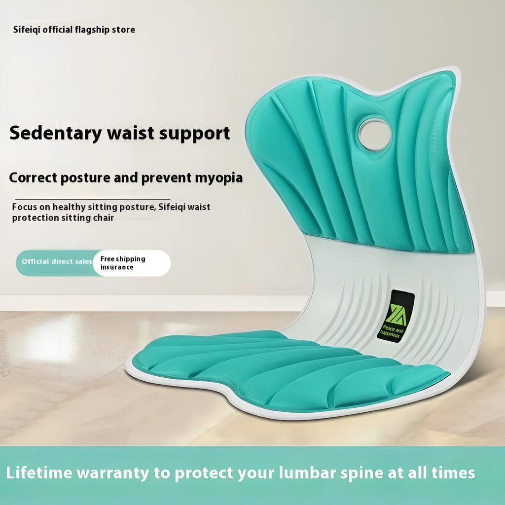 Grey ergonomic waist support cushion on office chair for posture correction