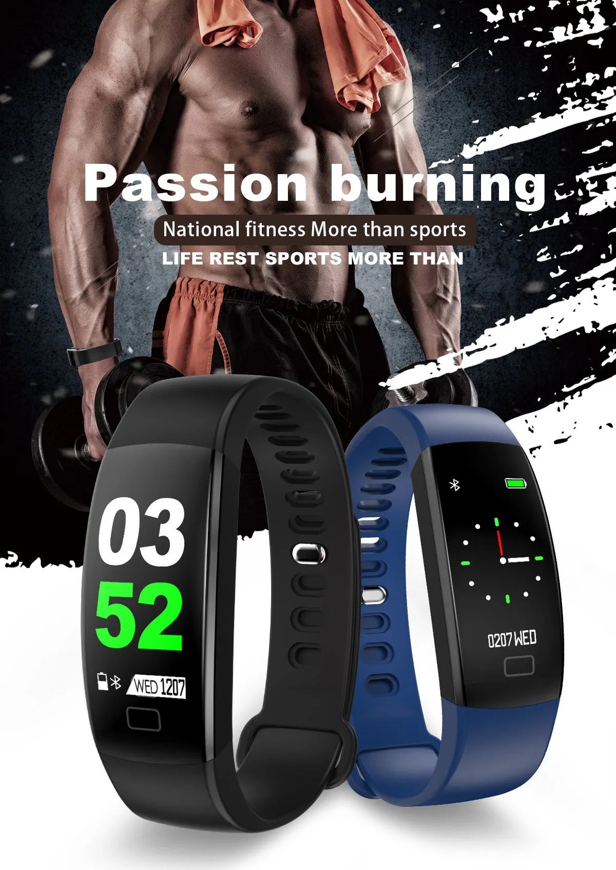 F64 Smart Bracelet Sports Bluetooth Watch in blue, black, pink, red or purple, 43.5 x 20.5 x 11.5mm, touch screen, USB 3.0, 90 mAh.